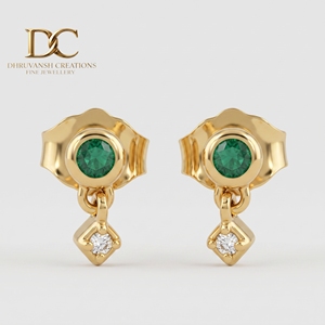 14KT Solid Yellow Gold IGI Certified Lab Grown Diamond and Colombian <b>Emerald</b> <b>Stud</b> Teardrop <b>Earring</b> Brilliant Cut Women Jewelry - Product Image 3