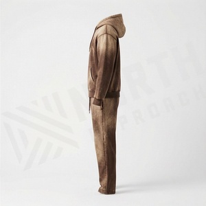 Custom Streetwear Acid Washed Vintage Tracksuit Men <b>Distressed</b> Patchwork Hoodie Sweatpants Set Gym Fitness Activewear - Product Image 3