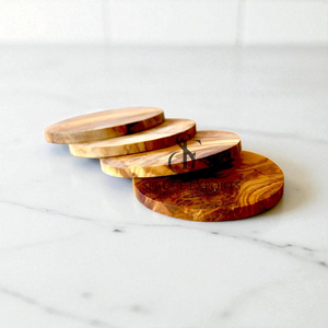 Handcrafted 6 Pieces Olive Wood Drink Coaster Set. Premium Rustic Round Shape Wooden <b>Cup</b> <b>Mats</b> For Coffee Tables & Serving Drinks - Product Image 3