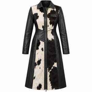 Longline <b>Black</b> White Cowhide <b>Fur</b> Leather Trench <b>Coat</b> Zipper Front Lapel <b>Womens</b> Custom Duster Outerwear Oem Factory - Product Image 1
