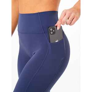 Leggings de sport pour femme, taille haute, longueur intégrale, bleu marine uni, sans couture, tricotés, extensibles et respirants - Product Image 3