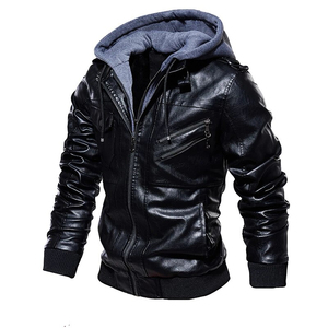 Veste de moto à capuche en cuir PU pour homme, fermeture éclair, coupe ajustée, style automne, manches classiques, couleur unie, doublure en coton - Product Image 1