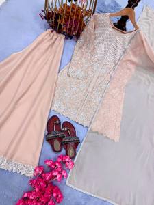 Ensemble Salwar Kameez brodé de créateur, costume Palazzo en Georgette pour mariage et fêtes, pour femmes - Product Image 3