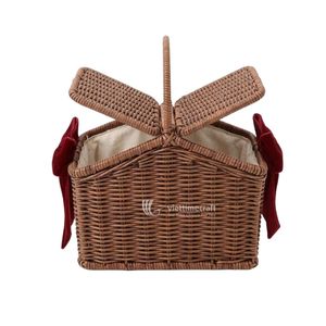 Handmade Woven Rattan Rectangle Eco-Friendly Storage <b>Basket</b> <b>with</b> <b>Lids</b> and Red Velvet Bows Christmas Decoration - Product Image 3