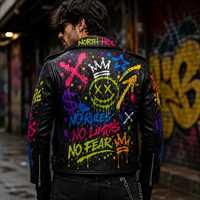 Blouson de moto en cuir style punk pour homme, enduit, coupe-vent, respirant, fermeture éclair, col montant, pour l'automne