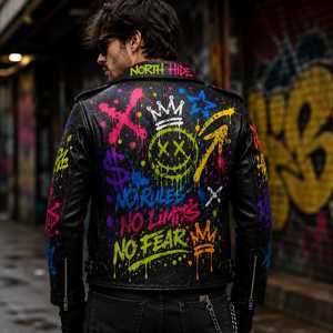 Veste de moto en cuir pour homme, style punk, imprimé graffiti, fermeture éclair, col rabattu, vêtement d'automne - Product Image 3