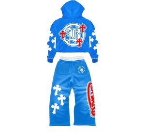 Black Distressed Hoodie And <b>Sweatpants</b> <b>Set</b> With Cross Print And Red Logo Streetwear Tracksuit For Adults Unisex Zipper Front - Product Image 3