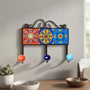 Vintage <b>Wall</b> Mounted Multifunction Hook Rack with 3 Colorful Ceramic Tile <b>Panels</b> and Floral Pattern for Home Decor - Product Image 4