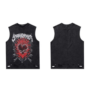 OEM personalizado llama corazón gráfico impresión destruir agujero camiseta sin mangas Y2K Vintage ácido lavado camiseta de gran tamaño cuello simulado camiseta - Product Image 1