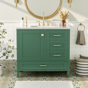 Mueble de Baño Moderno de 36 Pulgadas, Color Verde, con Estructura de Pino Sólido, 1 Puerta con Cierre Suave y 3 Cajones, Serie W - Product Image 3
