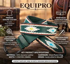 Ceinture Polo en Cuir Rayé Brodé Equipro, Boucle en Alliage Robuste à Cadre Carré, Style Décontracté, Cuir de Vachette Véritable 3,5 cm - Product Image 4
