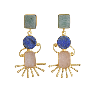 Boucles d'oreilles pendantes en pierres précieuses naturelles, faites à la main, plaquées or 18 carats, avec perles d'eau douce, pour les occasions de mariage des femmes - Product Image 1