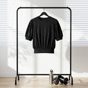 Camiseta de Yoga para Mujer, Negra, Deportiva, con Mangas Abullonadas, Logotipo Frontal sin Costuras, Poliéster/Algodón, para Entrenamiento - Product Image 6