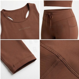 Ensemble de yoga 2 pièces marron : Leggings taille haute longueur intégrale et crop top dos nageur sans couture – Tenue de sport pour femme - Product Image 4