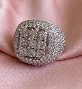 Luxury Women's <b>Cocktail</b> <b>Ring</b> 925 Sterling Silver Moissanite Round Brilliant Cut Pave Setting Geometric Design Party Jewelry - Product Image 1