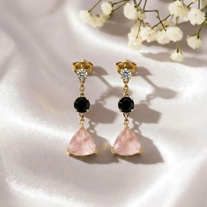 <b>Rose</b> Quartz & <b>Black</b> Obsidian Drop Earrings Trillion Cut <b>Rose</b> Quartz Round Faceted <b>Black</b> Obsidian Studs With CZ Accent Handmade - Product Image 6