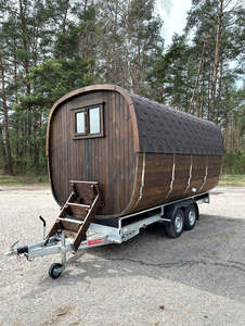 Sauna en bois naturel monté sur remorque avec verrière panoramique, résistant aux intempéries, avec toit en tuiles vertes pour le glamping - Product Image 6