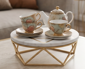 Gold Plated Metal And Marble Display Stand Round Shape Geometric Design Stylish Dessert Holder For Kitchenware And Tabletop Use - Product Image 5