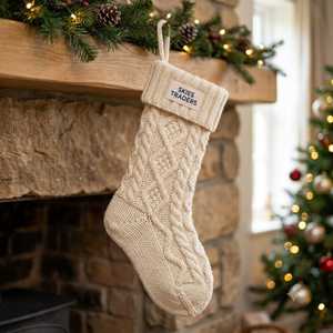 Chaussette de Noël en tricot Fair Isle avec revers côtelé rouge et pompon, motif en laine, pour cheminée, sac cadeau de Noël - Product Image 1