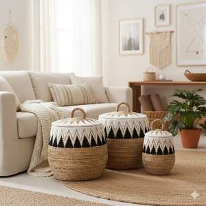 Ensemble de 3 paniers blancs DAYAK en écorce de bananier et jonc de mer, artisanat - Product Image 5