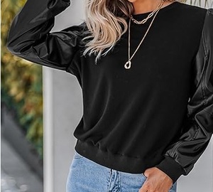 T-shirts respirants à manches en cuir PU, col rond, couleur noire unie, pour sports de plein air, décontractés, grandes tailles, vente en gros, OEM, ODM - Product Image 4