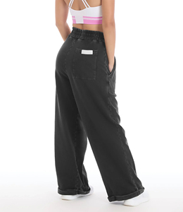 Women's High <b>Waist</b> <b>Elastic</b> Black Wide Leg Pants Casual Loose Fit Full Length <b>Trousers</b> <b>With</b> Back Pocket - Product Image 1