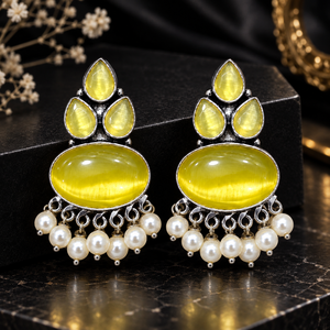 Boucles d'oreilles pendantes jaunes tendance avec perles tombantes |   Boucles d'oreilles en argent antique pour femmes |   Bijoux Bohèmes - Product Image 5
