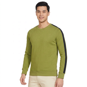 Men's Olive Green Crew Neck Pullover <b>Sweatshirt</b> With <b>Navy</b> Side Stripe Regular Fit Casual Knitted Sweater Autumn Wear - Product Image 1