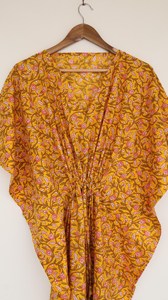 Ethnic Women's Floral Block Print Orange <b>Kaftan</b> Dress Loose Fit 100% Cotton Summer <b>beach</b> wear Holiday Long dress - Product Image 4
