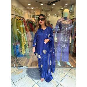 Ensemble Salwar Kameez ZSR Designer en coton bleu avec broderie et sequins, taille XL, idéal pour les mariages - Product Image 4