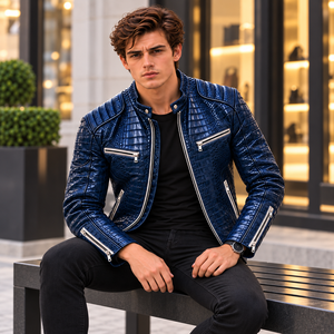 <b>Mens</b> <b>Blue</b> for Embossed Leather Breathable Winter Slim Fit Motorcycle Jacket OEM Luxury Fashion Outerwear Wholesale - Product Image 5
