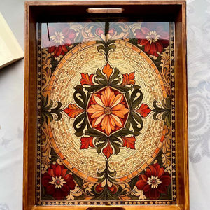 Plateau de service rectangulaire en bois avec poignées, art époxy, décoration rustique pour table basse - Product Image 1