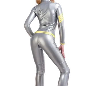 Mono metálico plateado de manga larga para mujer, de cintura alta, ajuste ceñido, largo completo, color liso, ropa de club con cinturón y cuello alto - Product Image 4