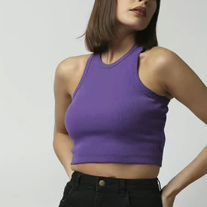 Women's Purple Sleeveless <b>Crop</b> <b>Top</b> O-Neck Knitted Solid Color Casual Spring Summer Slim Fit Spandex Cotton Blend - Product Image 1
