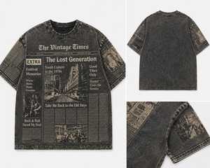 Men’s Vintage Washed T-<b>Shirt</b> with Newspaper Print Oversized Streetwear Tee Custom Graphic Cotton Top with <b>Leather</b> Hem Label - Product Image 6
