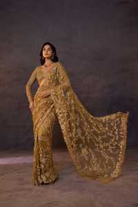 Elegante Saree de Seda Dorada con Bordado Floral, Largo hasta el Suelo, Corte Regular para Mujer, Ropa de Boda, India, Pakistán, Todas las Temporadas - Product Image 2