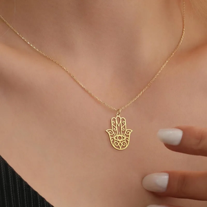 Collier pendentif Main de Fatima en acier inoxydable 304 avec revêtement plaqué or véritable 18 carats 0,03µm-0,05µm - Product Image 2