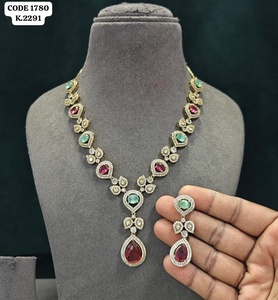 Élégant ensemble collier et pendentif en rubis rouge taille poire, plaqué or jaune, bijoux de mariage de luxe blancs pour femme, serti griffe - Product Image 1