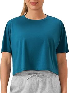 เสื้อยืดครอปแขนสั้นคอกลมสีพื้นสำหรับผู้หญิง ขายส่ง เนื้อผ้าถักระบายอากาศ สวมใส่สบาย สีฟ้าอมเขียว - Product Image 4