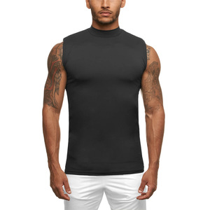 Débardeur noir sans manches à col montant pour homme, couleur unie, tricoté, idéal pour la gym, l'entraînement et la musculation - Product Image 1