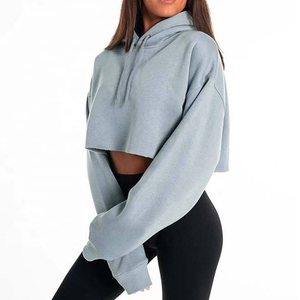 Hoodie court bleu clair pour femme, épaules tombantes, manches longues, coupe oversize, en polaire tricotée de polyester, anti-rétrécissement, broderie géométrique - Product Image 4