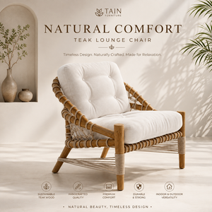 Fauteuil de salon en bois rustique à cadre courbé, dossier en corde tressée à la main, coussins blancs pour les acheteurs de projets hôteliers - Product Image 1