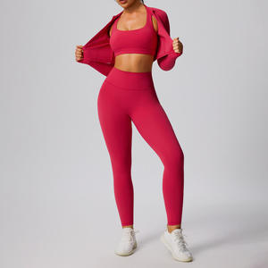 Women Yoga Set 2 Piece Crop <b>Top</b> Leggings High Waist Full Length Racerback Seamless Spandex Polyester <b>Zipper</b> Front - Product Image 2