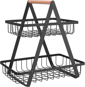 Panier de rangement à 2 niveaux, panier à fruits, étagère de rangement multifonctionnelle en métal pour comptoir de cuisine, bureau, organisateur de bureau, noir - Product Image 1