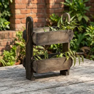 Jardinière murale vintage en bois à deux niveaux avec corde, style rustique, pour chambre et salon - Product Image 4