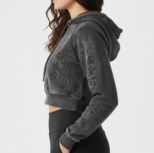 Conjunto de Sudadera con Capucha de 2 Piezas para Mujer, de Algodón y Felpa, con Cierre y Estilo Desgastado, Top Corto y Pantalones Deportivos - Product Image 6