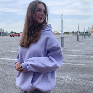Sweat-shirt à capuche oversize pour femme, lavande, coupe classique, en molleton de coton et bambou, couleur unie, imprimé lettres sur la manche gauche, style automne - Product Image 4