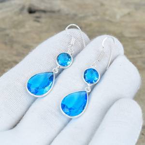Boucles d'oreilles pendantes élégantes et luxueuses en topaze bleue, en argent sterling 925, faites à la main, certifiées pour fêtes et anniversaires - Product Image 6