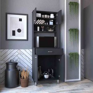 Armoire de cuisine de 67 pouces de hauteur, quatre portes, un tiroir, trois étagères internes, deux étagères de rangement externes, rangement pour micro-ondes - Product Image 2