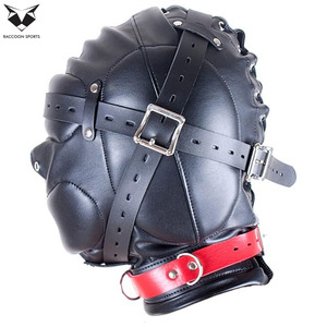 Máscara de cuero sintético acolchada profesional con capucha y cuello rojo para fiesta, disfraz de club, arnés de cabeza de cuero sintético de cara completa - Product Image 4